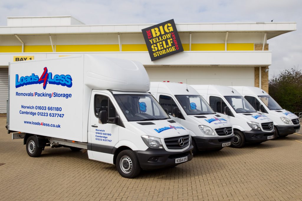 Landscape image of Laods4Less fleet Luton vehicle far left following down with sprinter vehicles and finally Mercedes vito vehicle.