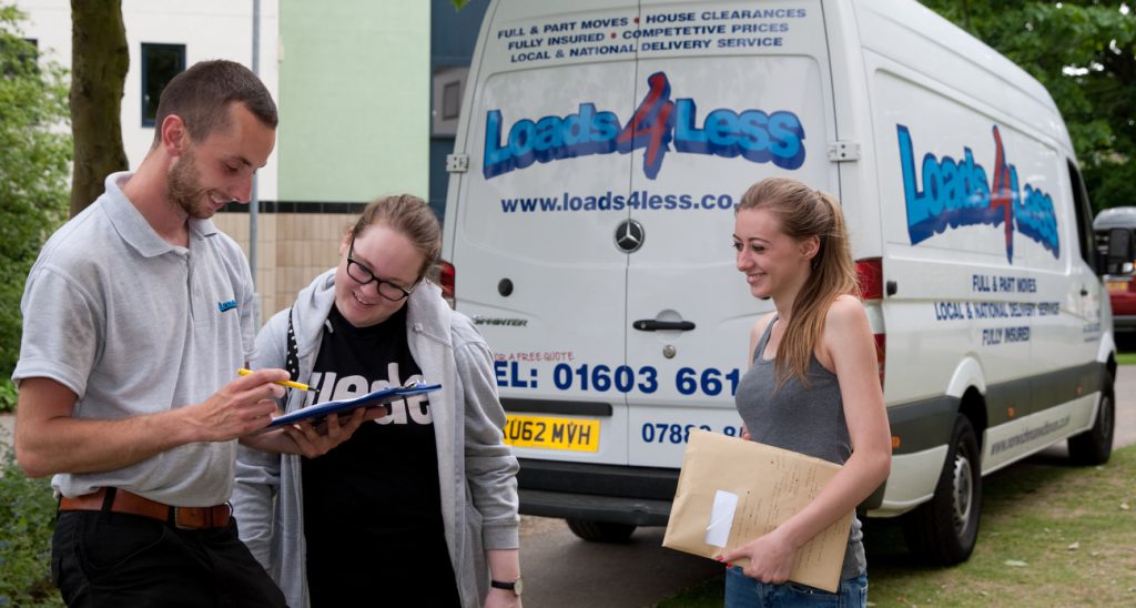 Photographs of two women smiling as Loads4Less driver signs off their removals job. Image used in contact form block.