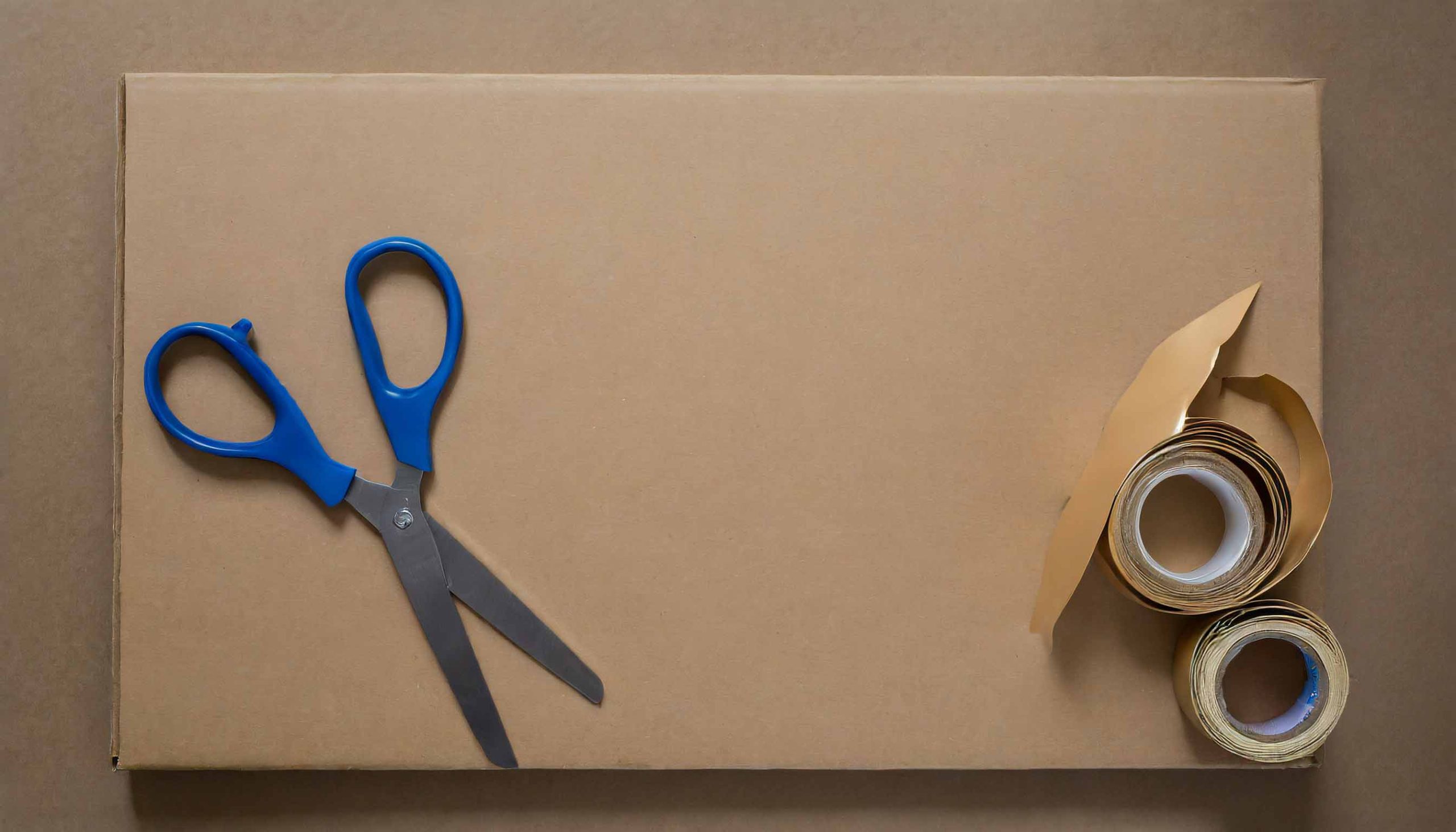 Brown paper background with scissors and wrapping tape taken from above.